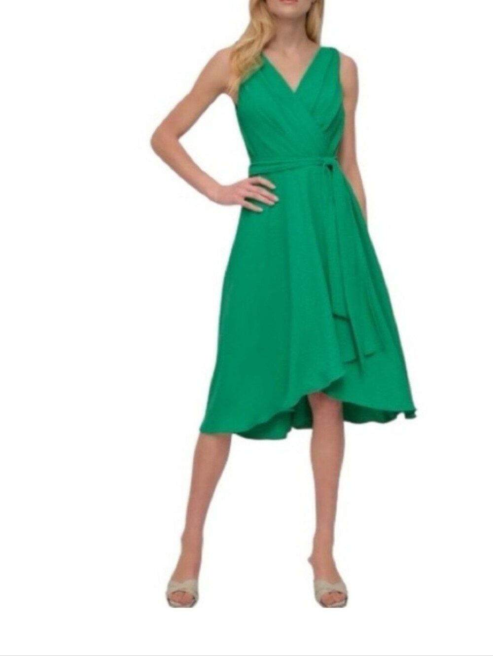 DKNY Women's Skeeveless Surplice Tie Fit & Flare Midi Dress Size 8 Apple Green